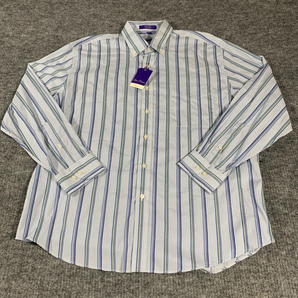 Alan Flusser Shirt‎ Mens XL Blue Striped Cotton Button Down Long Sleeve Luxury